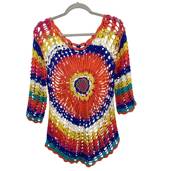 Multicolor Hippie Macrame Top Tunic Beach Swimsuit Cover Up Women’s Small - Picture 1 of 6